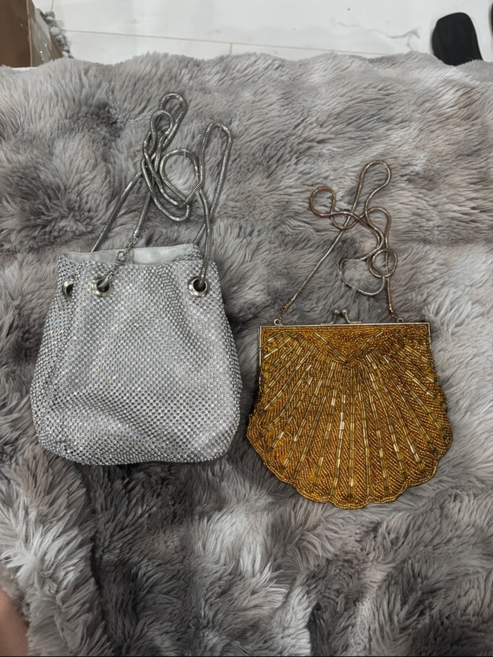 Vintage lot of 2 elegant evening bags, a Silver Mesh and a gold beaded bag.